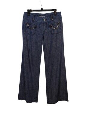 MICHAEL KORS  Dark Indigo Wide-Leg Jeans with Chain Pocket Trim Size 6